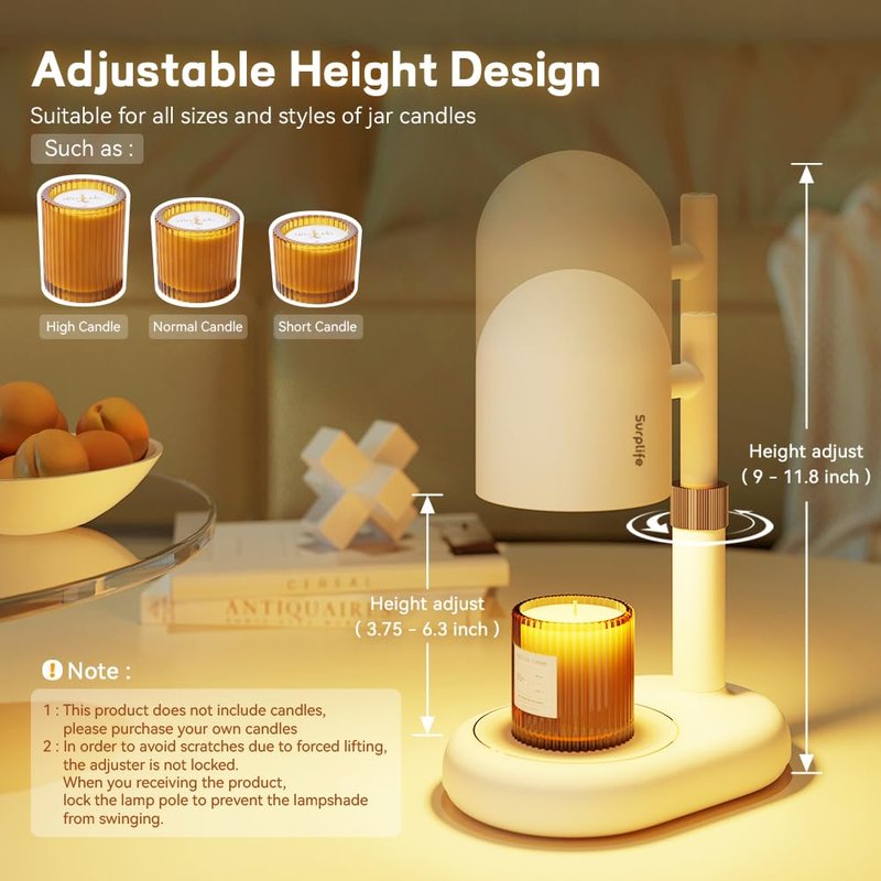 LISUNAR Candle Warmer Lamp with Timer & Dimmer, Adjustable Height Candle Warmer for Jar Candles, Wax Melt Lamp for Home Decor & Gifts, Off White, 2 Bulbs