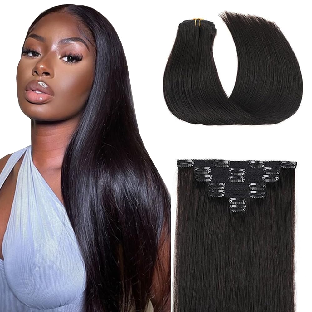Clip in Hair Extensions Real Human Hair, 18 Inch 120g/7Pcs,Full Shine Remy Hair,1B Natural Black Clip ins Brazilian Virgin Human Hair Extensions
