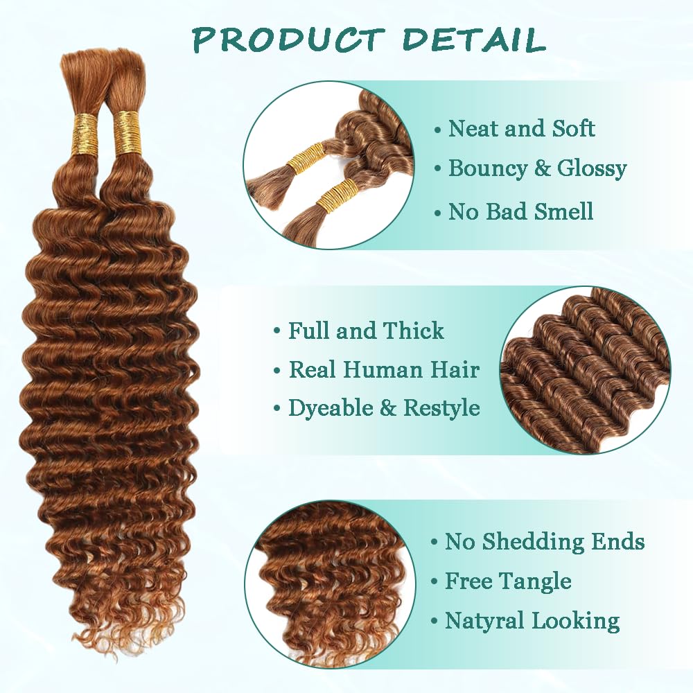 Human Braiding Hair 22 Inch 100g Brown Deep Wave Bulk Human Hair for Braiding No Weft Curly Bundles Hair Extensions for Boho Knotless Wet and Wavy Braids #30 Color