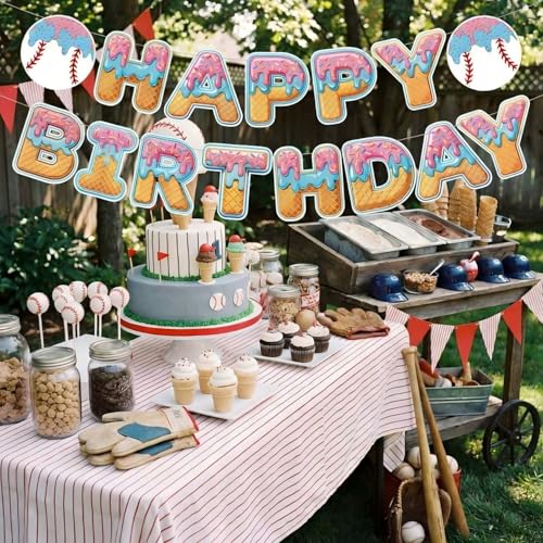 Baseball Ice Cream Drip Birthday Banner | Sport Theme Party Decor