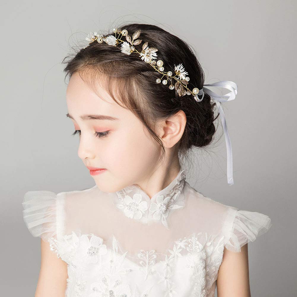 Flower Girl Headpiece White Little Daisy Gold Leaf Faux Pearls Rhinestone Floral Leaves Hair Accessories Girls Bridal Party Wedding