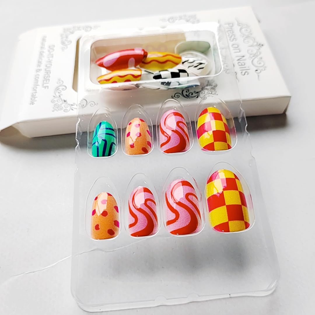 Colorful Press-On Nails - Almond Shaped Acrylic with Checkered Striped Design | 24 Pcs Summer Glossy Full Cover