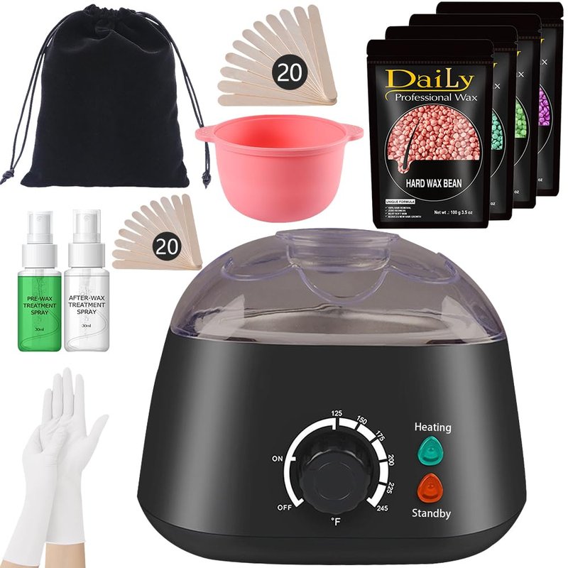 Hard Wax Warmer Kit for Sensitive Skin - Fast Heating Professional Hair Removal Kit with Silicone Liner, BPA-Free, At-Home Full Body Waxing Kit for Women, Face, Bikini & Legs (BLACK)