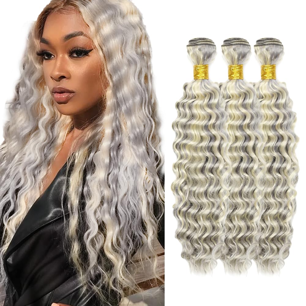 30 32 34 Inch Silver Hair Bundles Grey Deep Wave Bundle 613/Grey Human Hair 3 Bundles Brazilian Virgin Hair Extensions