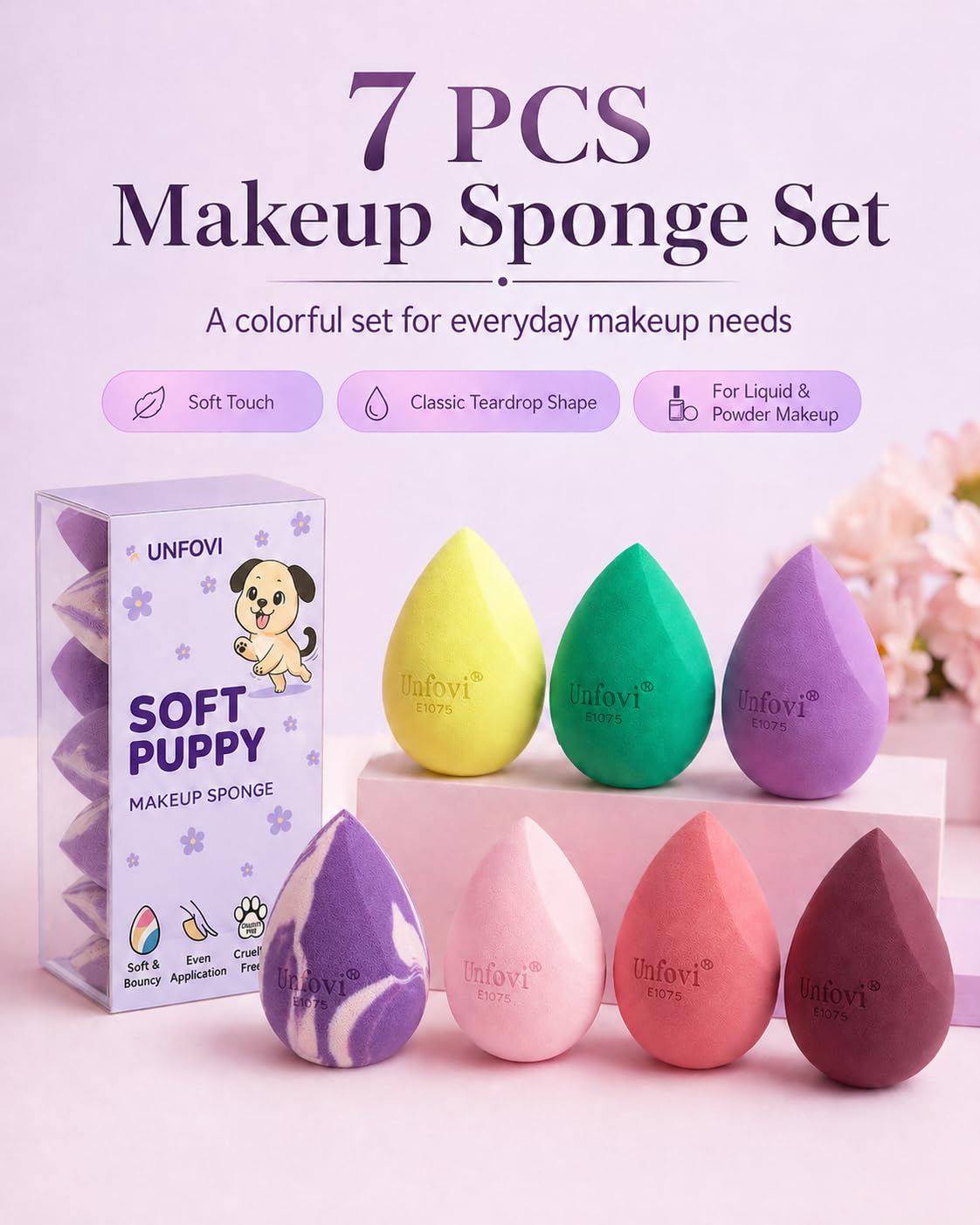 Makeup Sponges Set - 7-Pack Latex-Free Reusable Blenders for Foundation & Concealer | Soft Multi-Color Beauty Tools