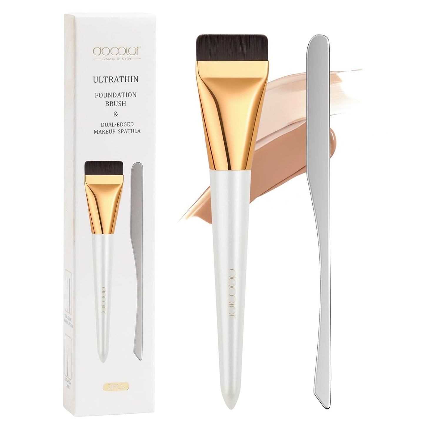 Flat Foundation Brush Set with Dual-Edged Spatula - Korean Makeup Blending Tool for Liquid & Cream