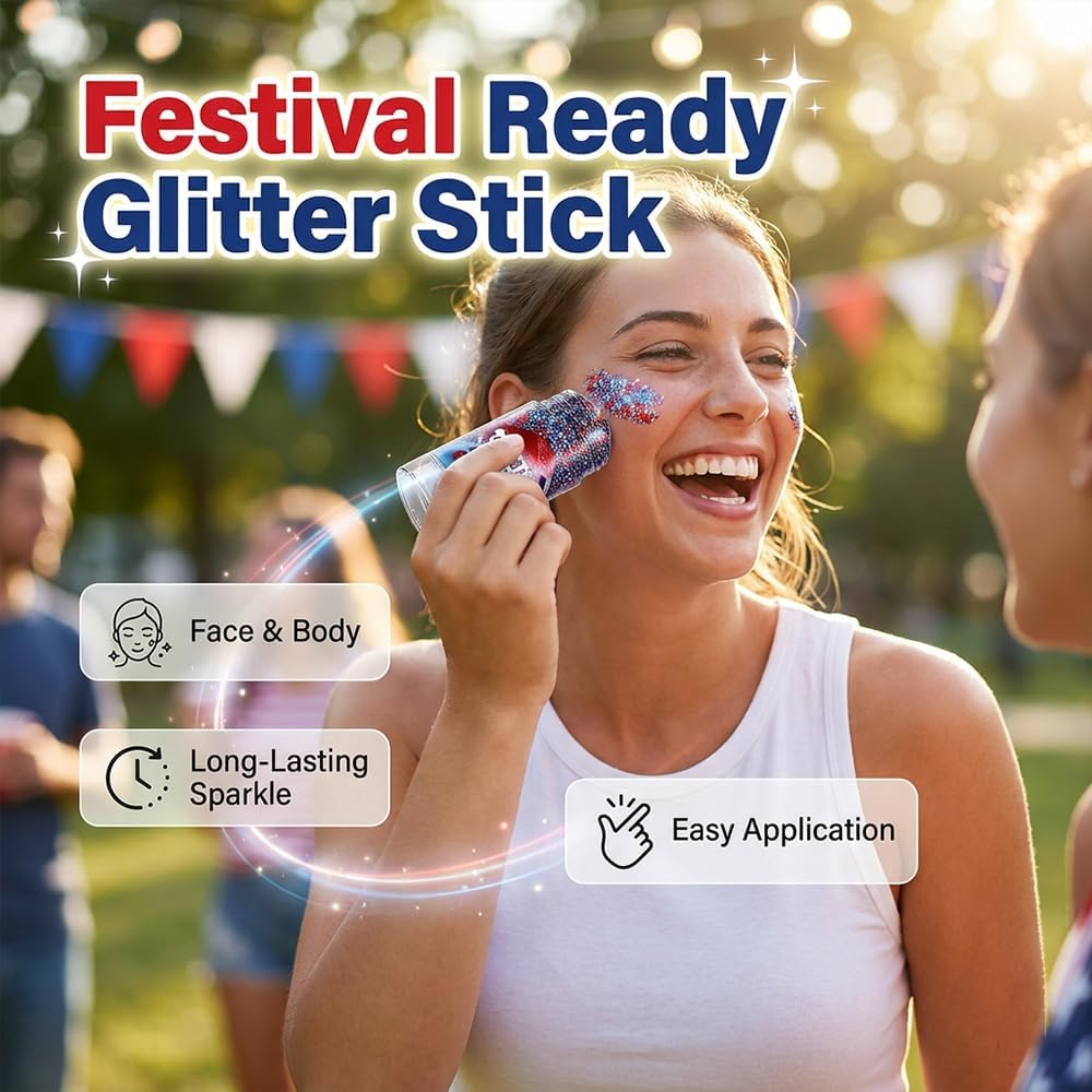 Body Hair Glitter Stick - Red, White & Blue Waterproof Face & Body Makeup for 4th of July | Festival Party Accessory