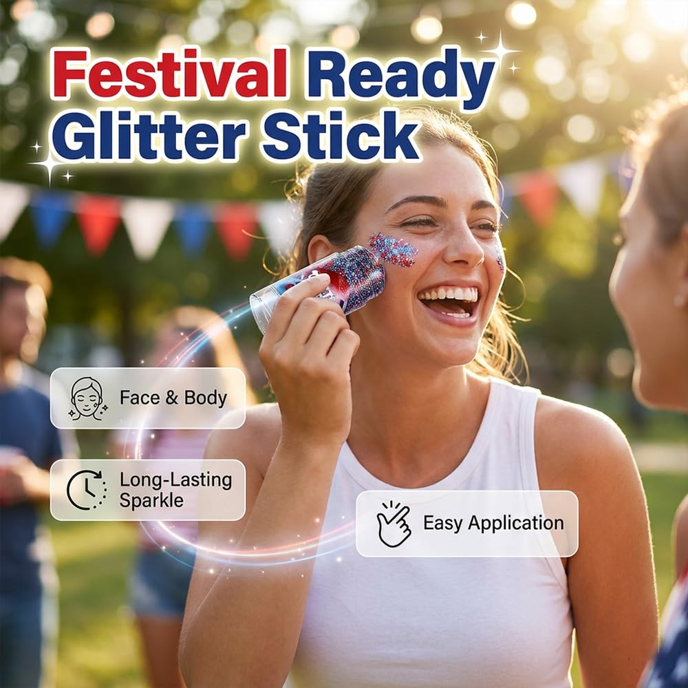 4th of July Glitter Stick - Red, White & Blue Body & Hair Sparkle for Women, Red White and Blue Accessories for Independence Day Patriotic Memorial Day Waterproof Chunky Glitter Makeup (Red White)
