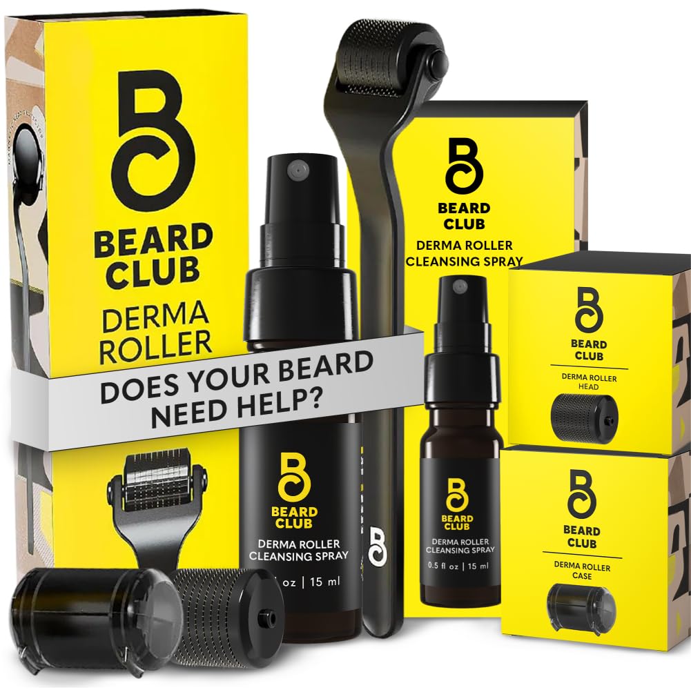 Beard Club Premium Derma Roller, Cleansing Spray & Replacement Head for Face, Body and Scalp - Microneedling Hair & Beard Roller for Men and Women with 540 Titanium Microneedles