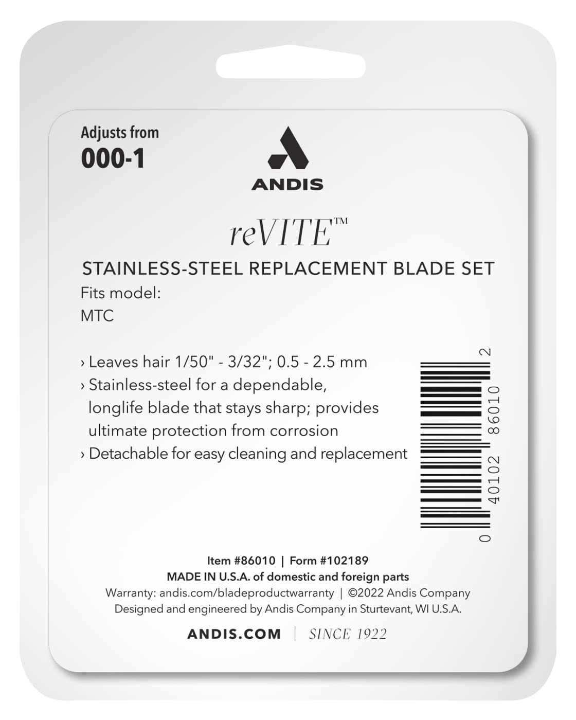 Andis 86010 reVITE Taper Clipper Replacement Stainless Steel Blade