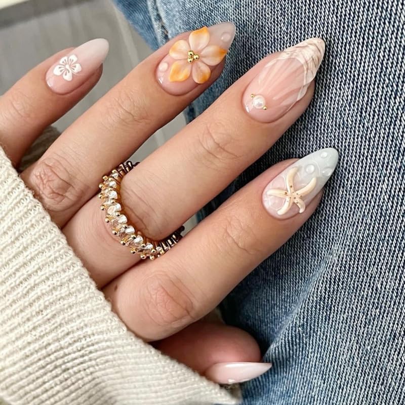 Summer Beach Press-On Nails Set - 24Pcs Medium Almond Floral Design with 3D Starfish & Seashell | Full Cover Ocean Manicure for Women