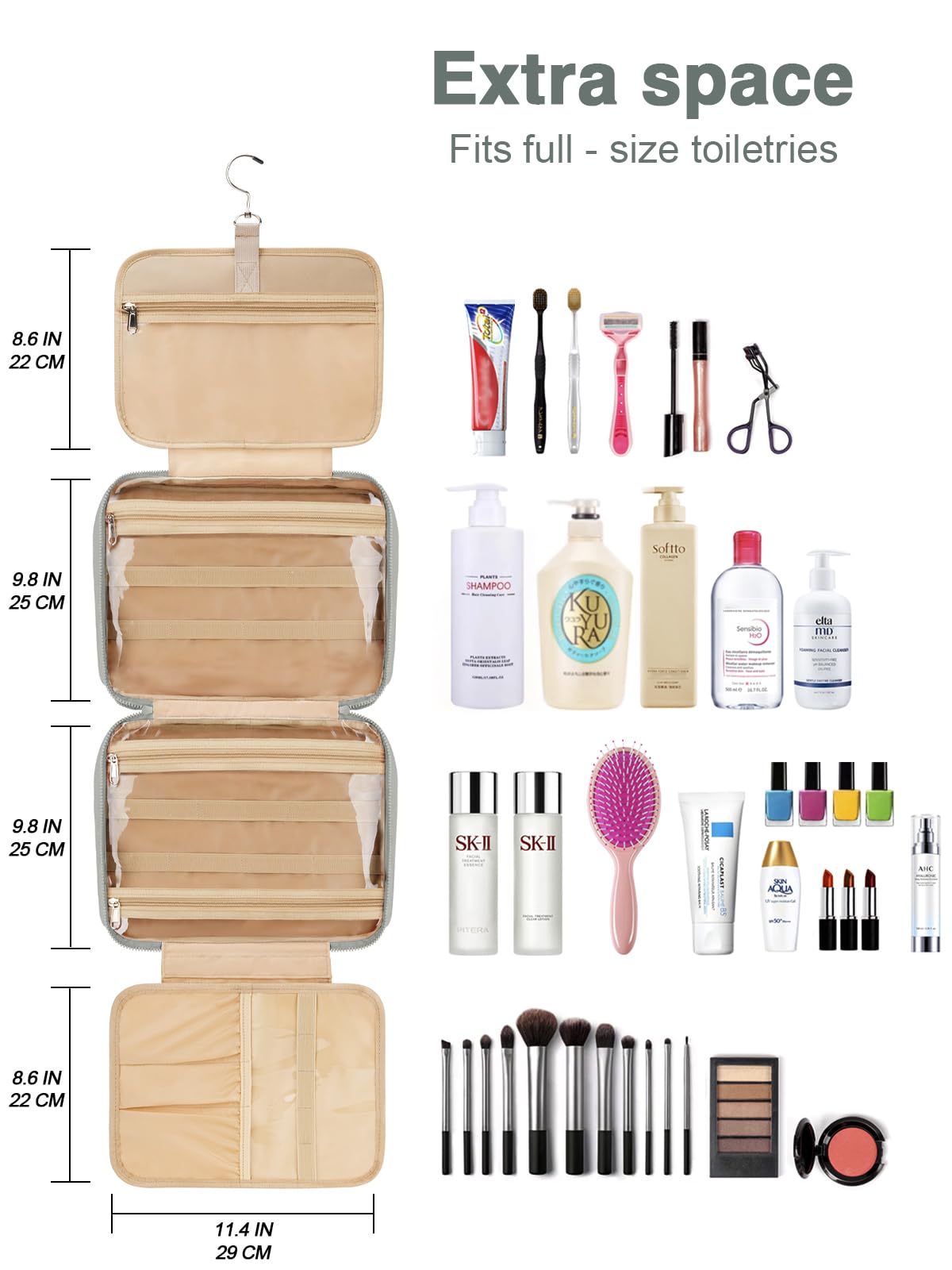 COOSKY Women's Hanging Toiletry Bag, Waterproof Travel Cosmetic Organizer with Jewelry Storage, Large Capacity Makeup Case for Full-Size Skincare & Bathroom Essentials, Portable Cosmetic kit, Grey
