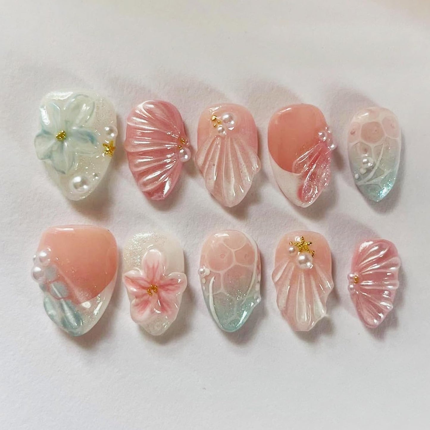 3D Pink Flower Press-On Nails - Nude Pink Gradient French Tip | Medium Almond, Reusable 30 Pcs for Weddings