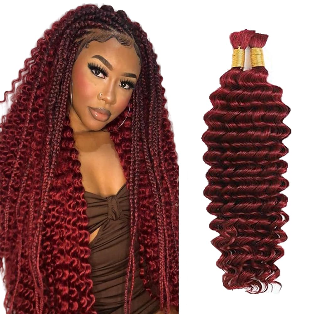 18 18 Inch #99J Burgundy Human Braiding Hair for Boho Braids 2 Bundles 50g/Bundle Deep Wave Bulk Human Hair Knotless Boho Braiding Wine Red Deep Curly Virgin No Weft Extensions Bohemian Braids