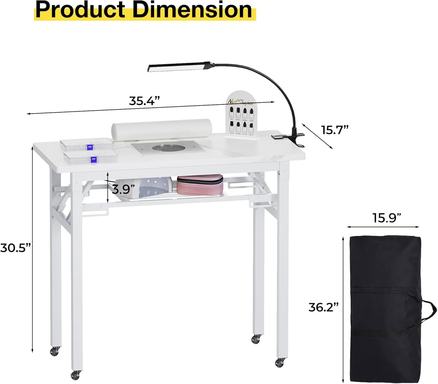 Portable Foldable Manicure Table - Rolling Nail Tech Desk with Dust Collector & LED Light | Marble White, Carrying Case