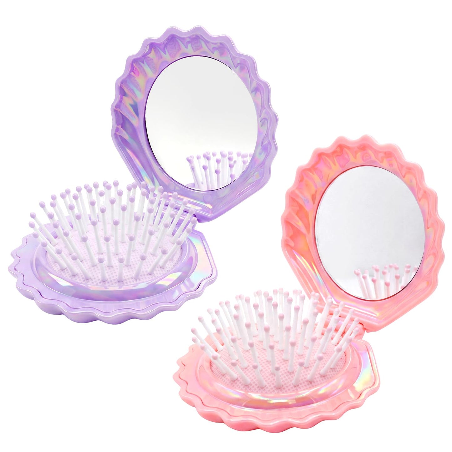 Heliltd 2 Pack Folding Hair Brush with Mirror, Iridescent Travel Hair Brush for Purse, Mini Portable Cushion Detangling Pocket Hairbrush for Women Girls, Shell Compact Mirror Brush (2, Pink Purple)