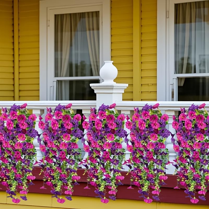 Artificial Hanging Flower Basket - UV Resistant Faux Silk Petunias & Morning Glory | Rose Red & Purple Mix for Outdoor Decor