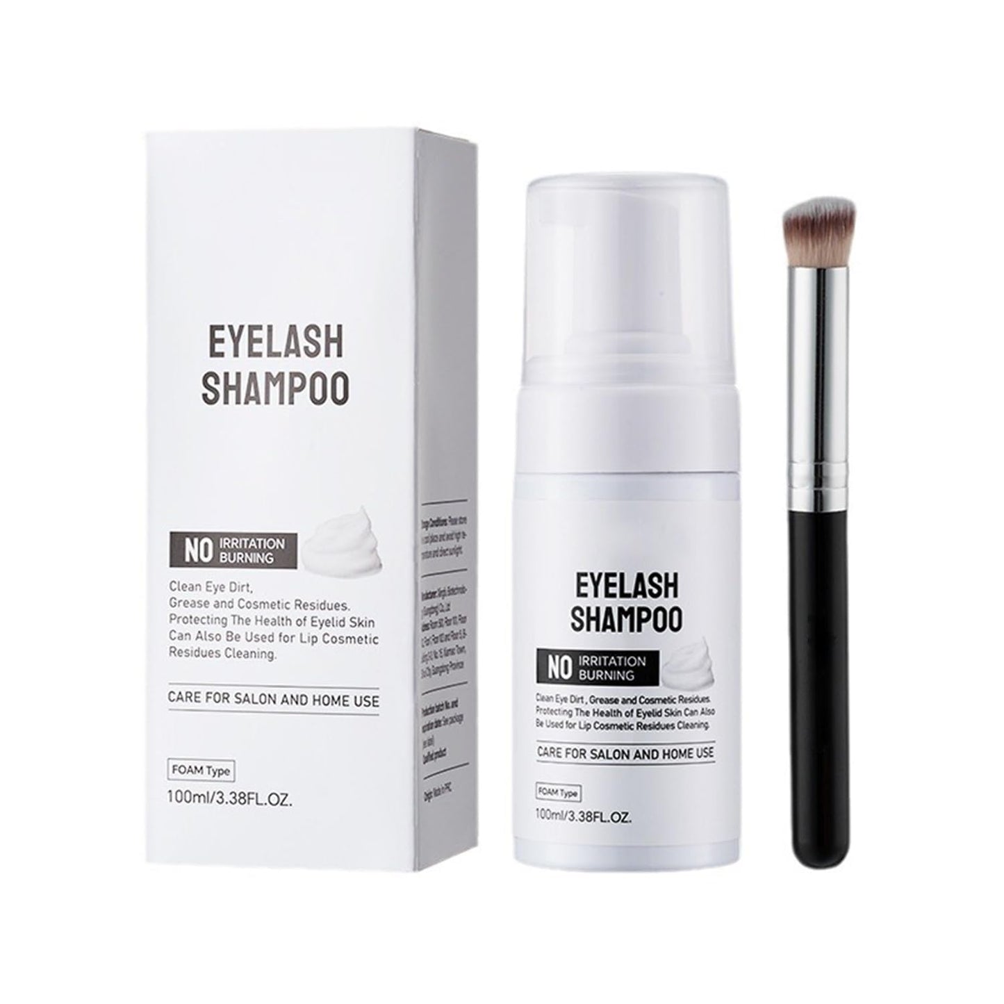 Eyelash Extension Cleansing Foam - 3.4 fl.oz Lash Shampoo with Applicator Brush, Safe Makeup Remover for Extension & Natural Lashes, Oil-Free Foaming Formula