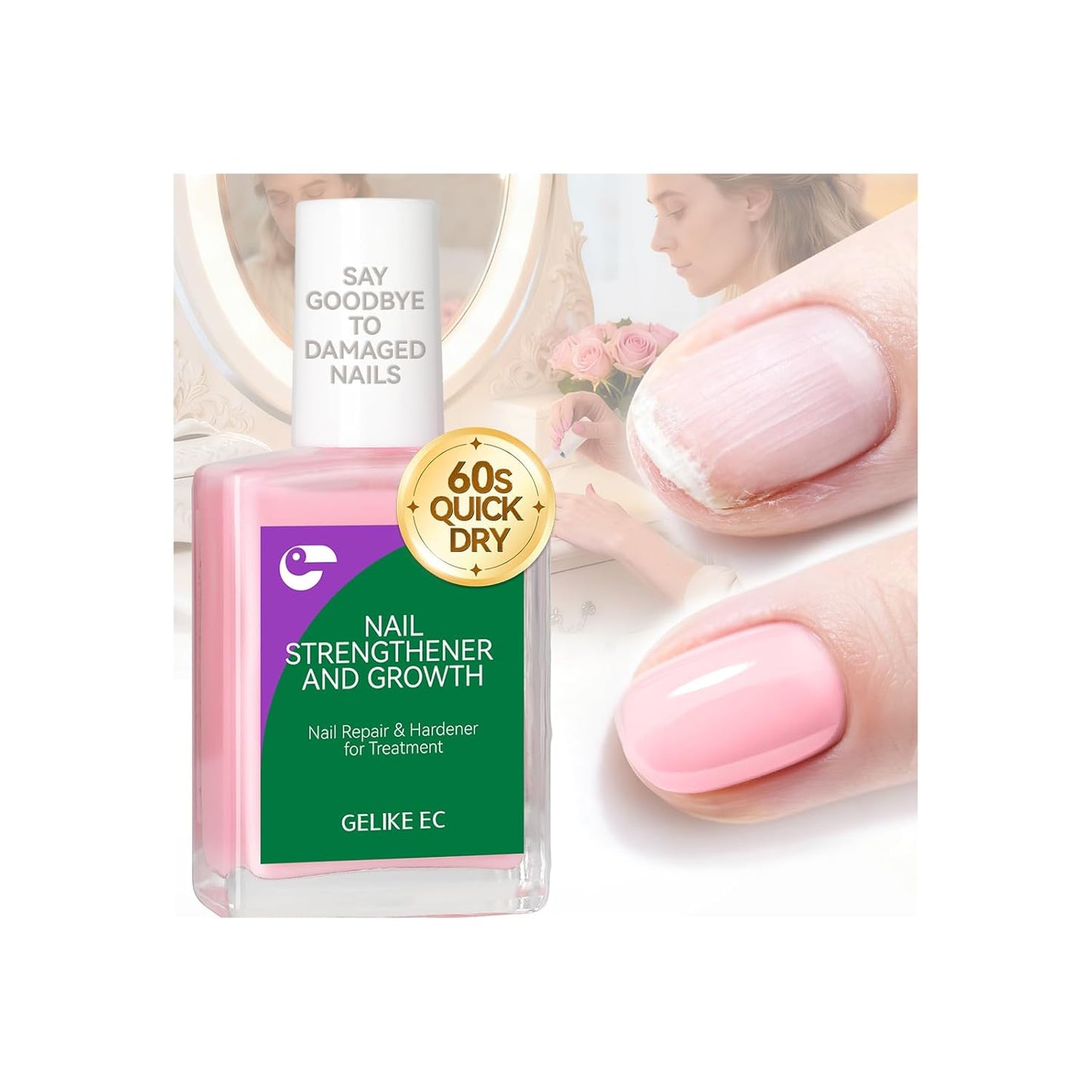 Nail Strengthener - Glitter Pink 15ml Natural Protein Hardener | Extra Strong Repair for Damaged Nails & Growth