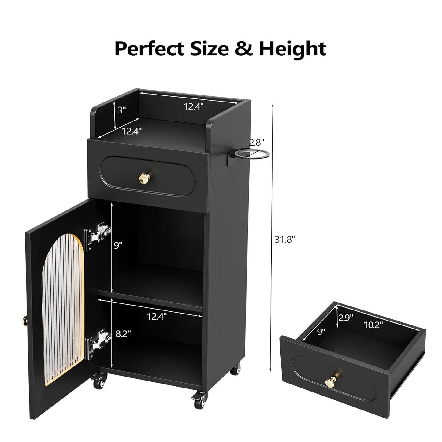 Salon Cart with Wheels - 3-Tier Rolling Beauty Cart with Glass Door & Dryer Holder | Mobile Hair Styling Station for Professionals - Black