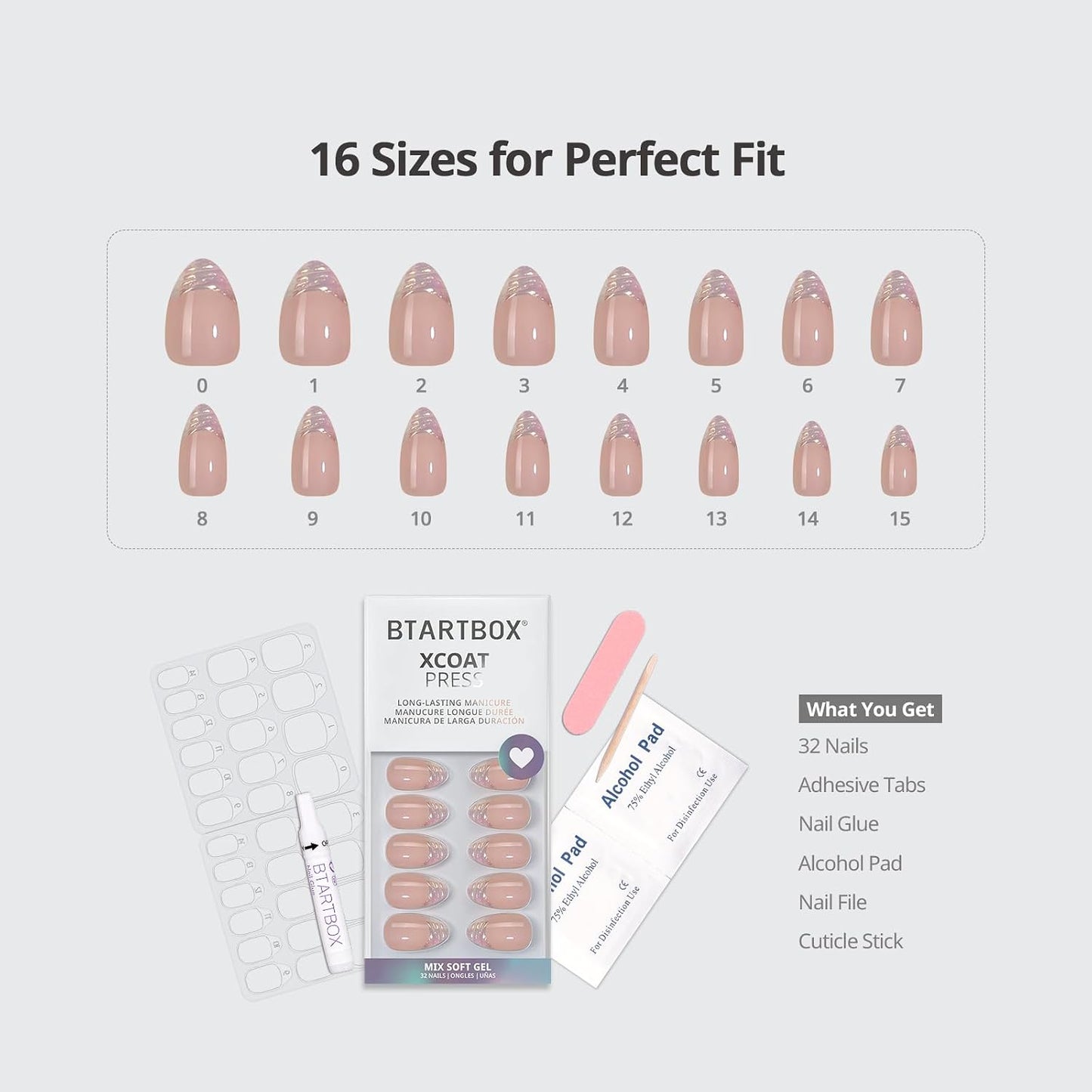Short Almond Press On Nails - Aurora French Tip, 32 Piece Glue-On Nail Kit | Natural Look, 16 Sizes Available