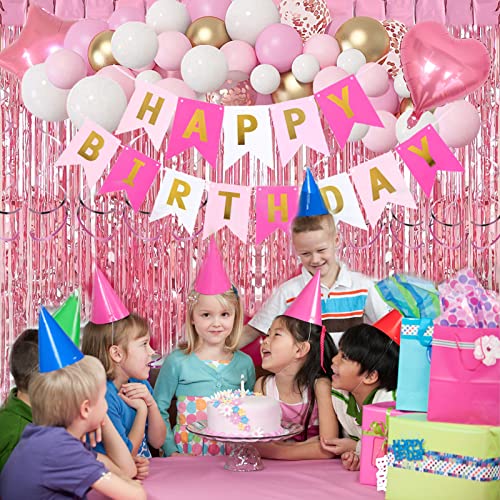 Pink Gold Birthday Decorations Set for Women & Girls - Banner, Balloons, Curtains & More