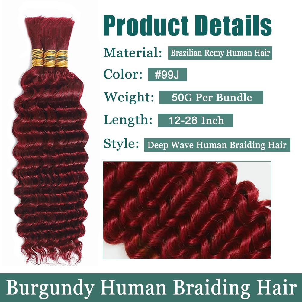 99J Human Braiding Hair for Boho Braids 20 Inch Burgundy Deep Wave Bulk Human Hair Red Wet and Wavy Braids Extensions