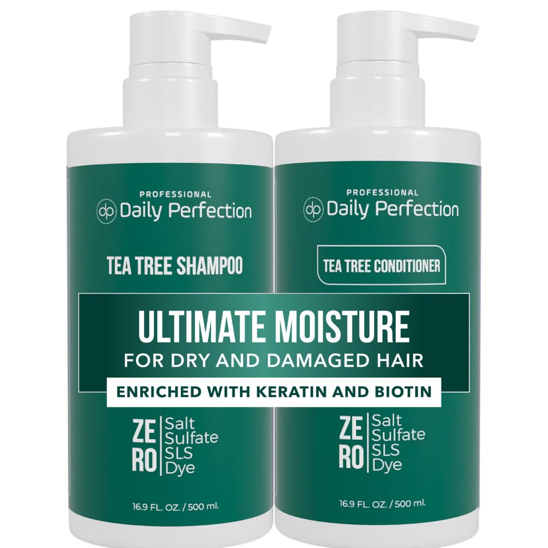 Daily Perfection Tea Tree Shampoo and Conditioner Set - Ultimate Moisture Hair Care Duo with Biotin and Keratin for Dry and Damaged Hair - Salt, Sulfate and Paraben Free - 16.9 Fl Oz Each, 2-Piece Set