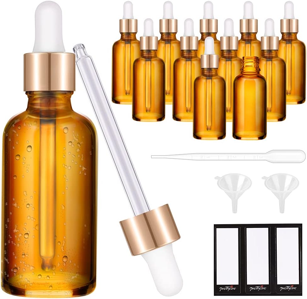 Glass Eye Dropper Bottles - 24 Pack 0.5oz Amber Leakproof Bottles with Golden Caps | Perfect for Essential Oils, Tinctures, Travel
