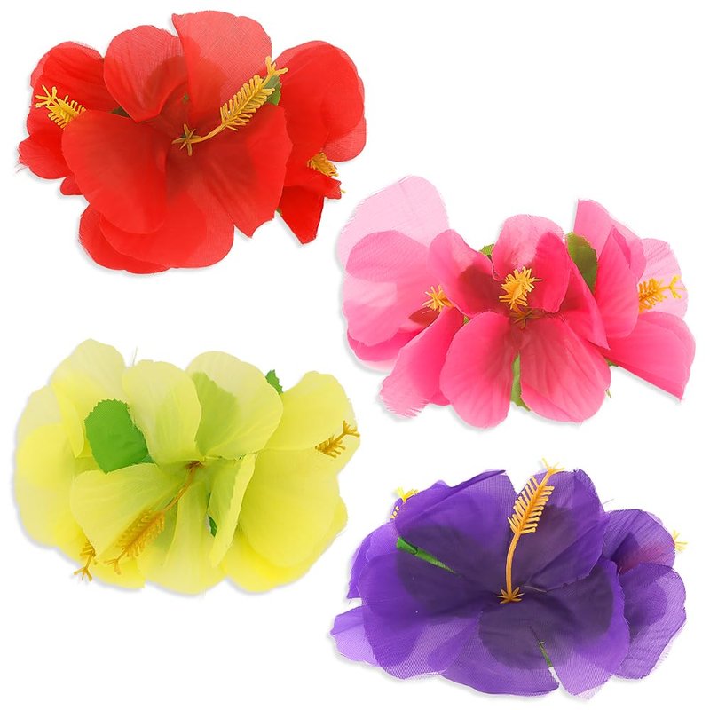 Hawaiian Hibiscus Flower Hair Accessories - 4-Piece Chiffon Barrettes & Pins for Women | Beach Luau Party Decor (Purple/Red/Pink/Yellow)