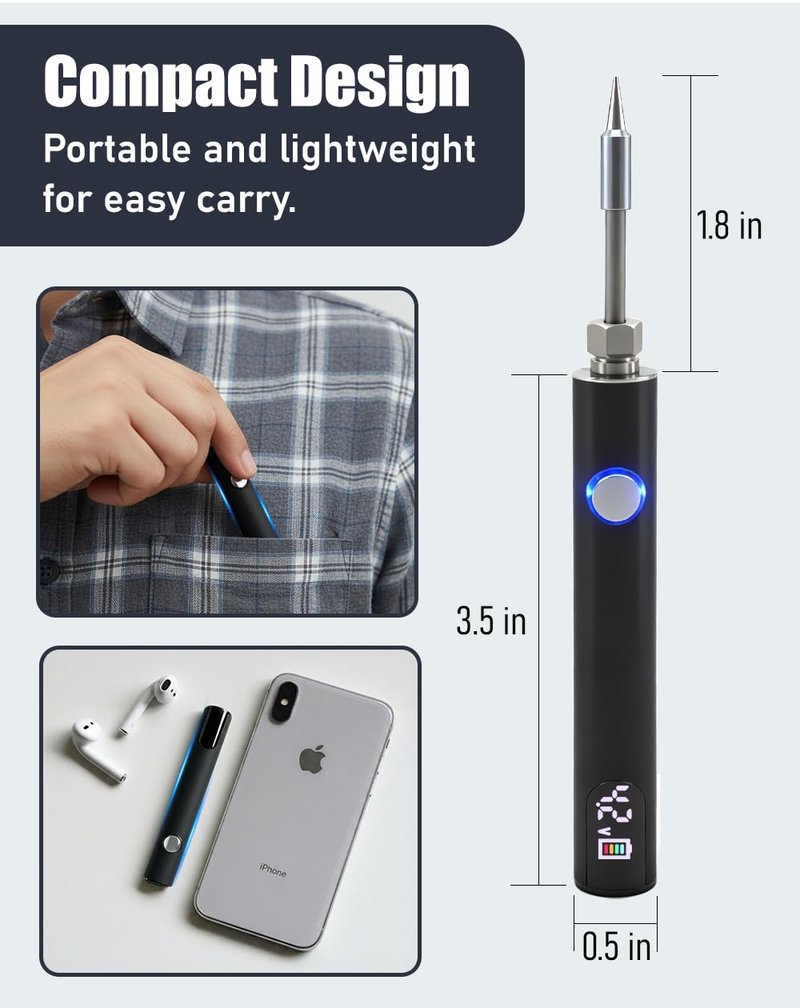 Premium Universal Portable Soldering Iron with LED Display, Rechargeable Cordless Soldering Iron with Built-in Battery, Ideal for Appliance Repair, DIY (Black)