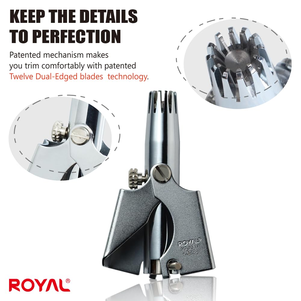 ROYAL [Made in Korea] Nose Hair Trimmer for Men Set, Birdie Set, with Nail Clippers and Tweezers, Manual, Battery-Free, Waterproof, Painless with Twelve Dual-Edged Blades, Patented Mechanism RET-4