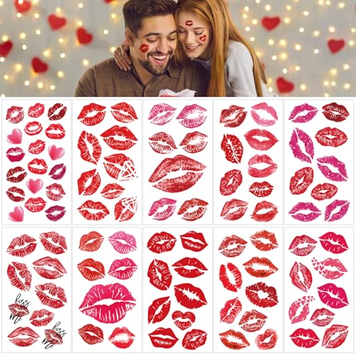 Metuu Lip Tattoo - 12 Sheets Lip Kiss Print Temporary Tattoos Waterproof for Adults & Kids - Valentines Heart Kiss Stickers