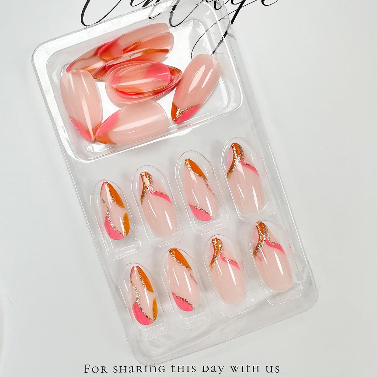 Press On Nails - Orange Almond Shape with Gold Glitter Swirl | 24 Pcs Acrylic Fake Nails for Women