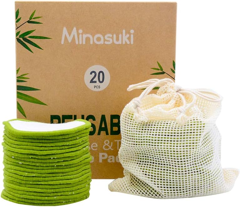 Reusable Makeup Remover Pads - 20 Pack Bamboo Cotton Rounds for All Skin Types | Washable with Cotton Bag