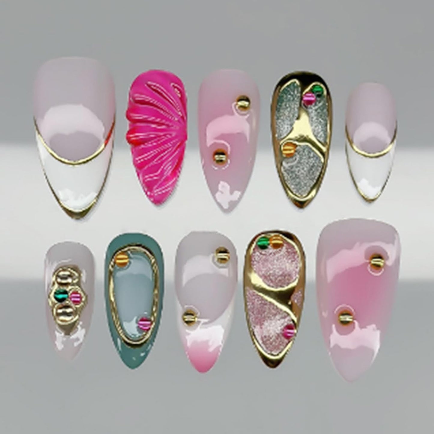 Press-On Nails - 24Pcs Medium Almond Fake Nails with Lotus & Lucky Koi Design | Glossy Full Cover for Spring/Summer DIY Manicure