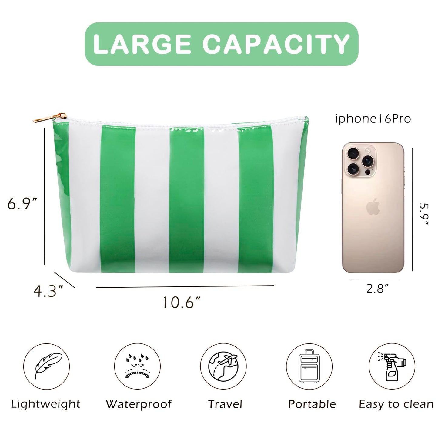 RSRSLEII Large Waterproof Travel Striped Makeup Bag, Aesthetic PVC Toiletry Bag, Coquette Cosmetic Bag, Sunscreen Accessories Storage Organization, Beach Travel Purse(Green)