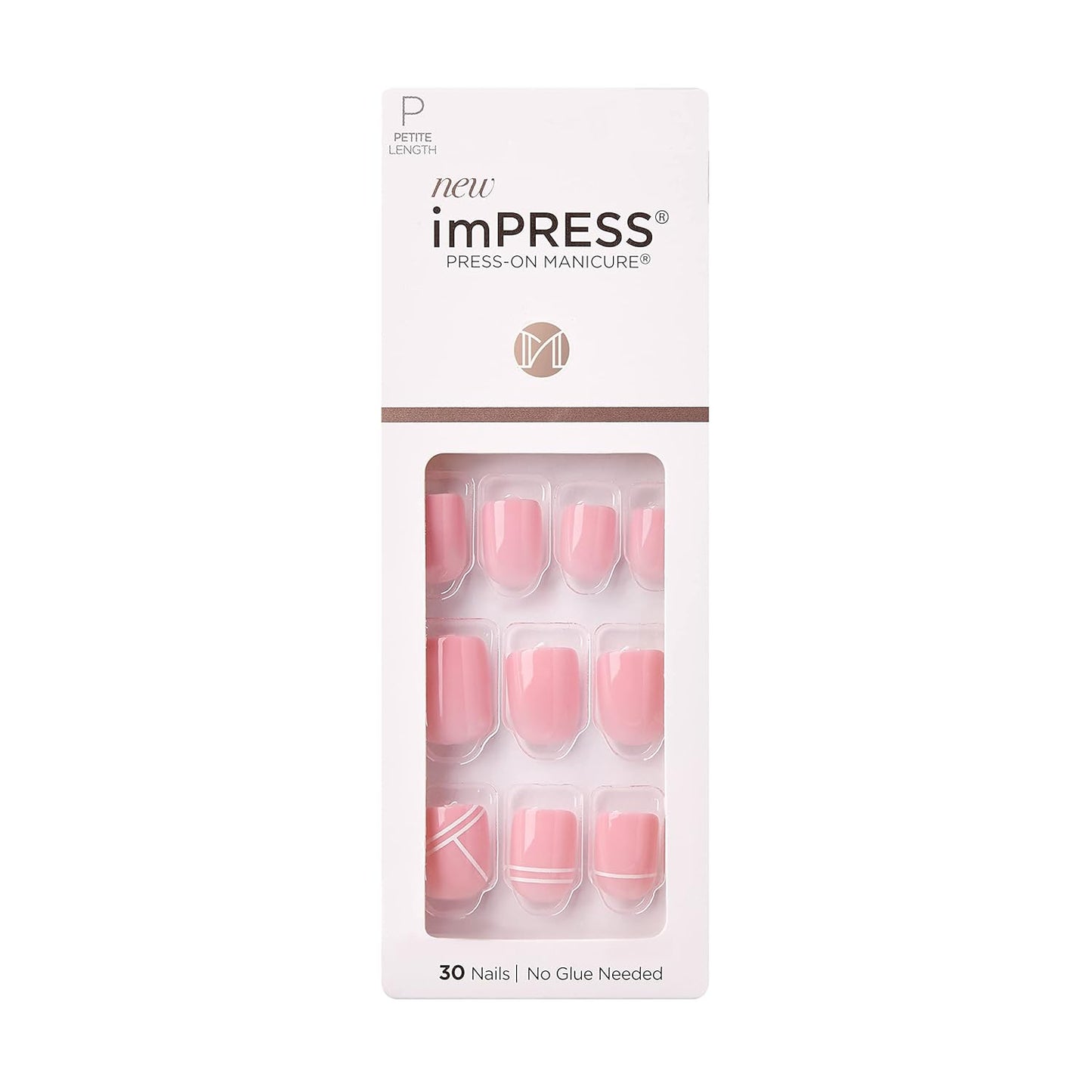 Kiss Impress No Glue Mani Press-On Nails - 'This Feeling' Pink Squoval Design | Petite Size, 30 Nails Included