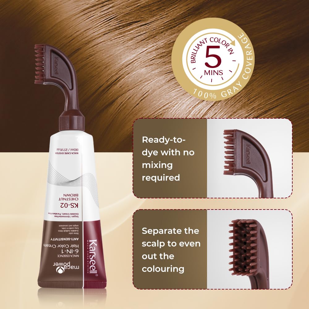 Karseell Brown Hair Dye | Ammonia-Free 6-IN-1 Formula with Comb Applicator for 100% Gray Coverage - 80ml