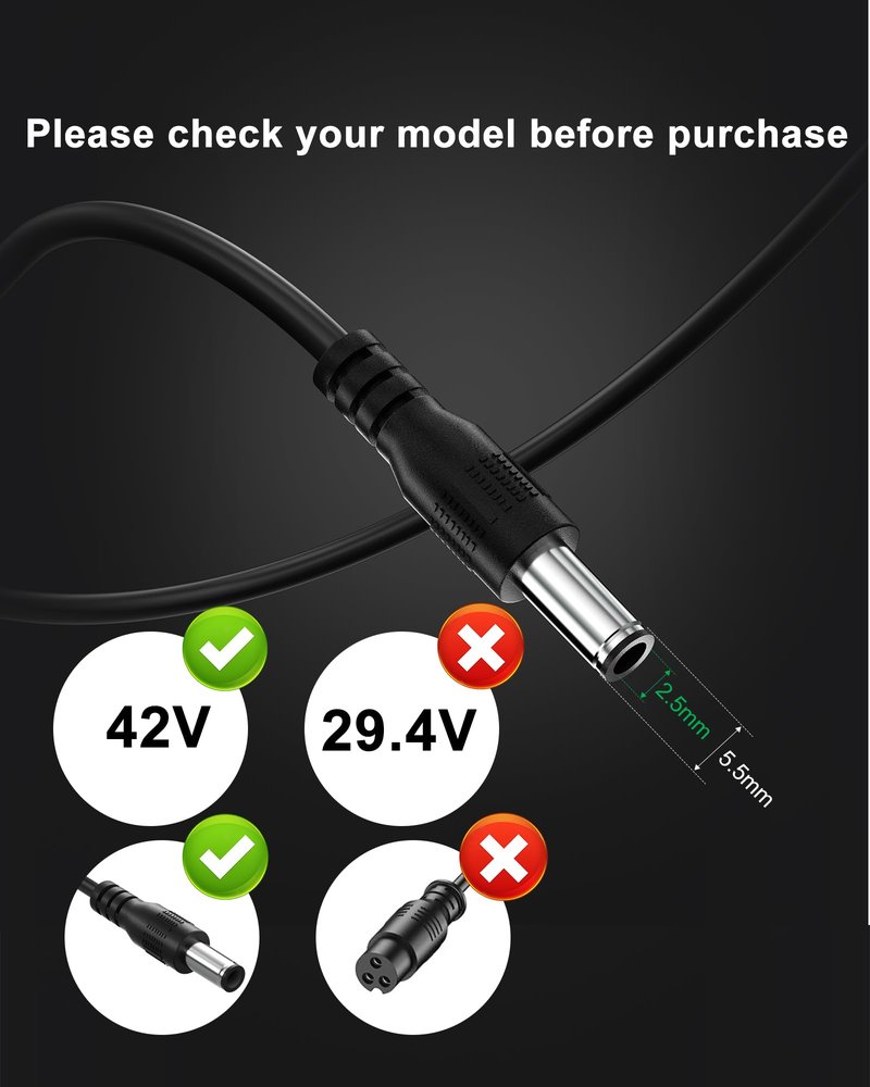 VHBW 42V 2A Electric Scooter Charger, Compatible with Hover-1 36V Battery Scooters (Highlander, Dynamo, Gambit, Helios & More), 5.5×2.5mm DC Round Plug, Not Compatible with 29.4V or 3-Prong/XLR Models
