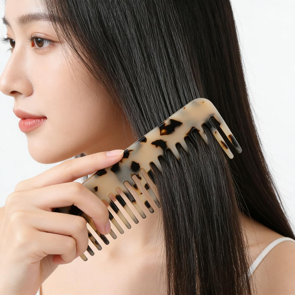 Marble Patterned Hair Comb Set - Large Wide Tooth Detangling Combs for Thick Curly Hair | Ivory Color
