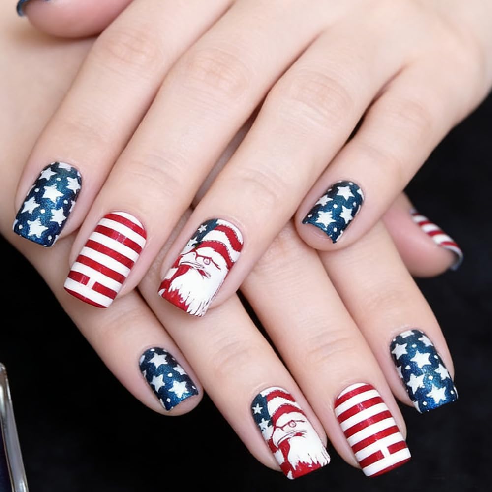 24Pcs 4th of July Press on Nails Medium Square Fake Nails with Star | Eagle Designs Patriotic Glossy False Nail Fourth of July Nails - 4th of July Nails for Women Girls