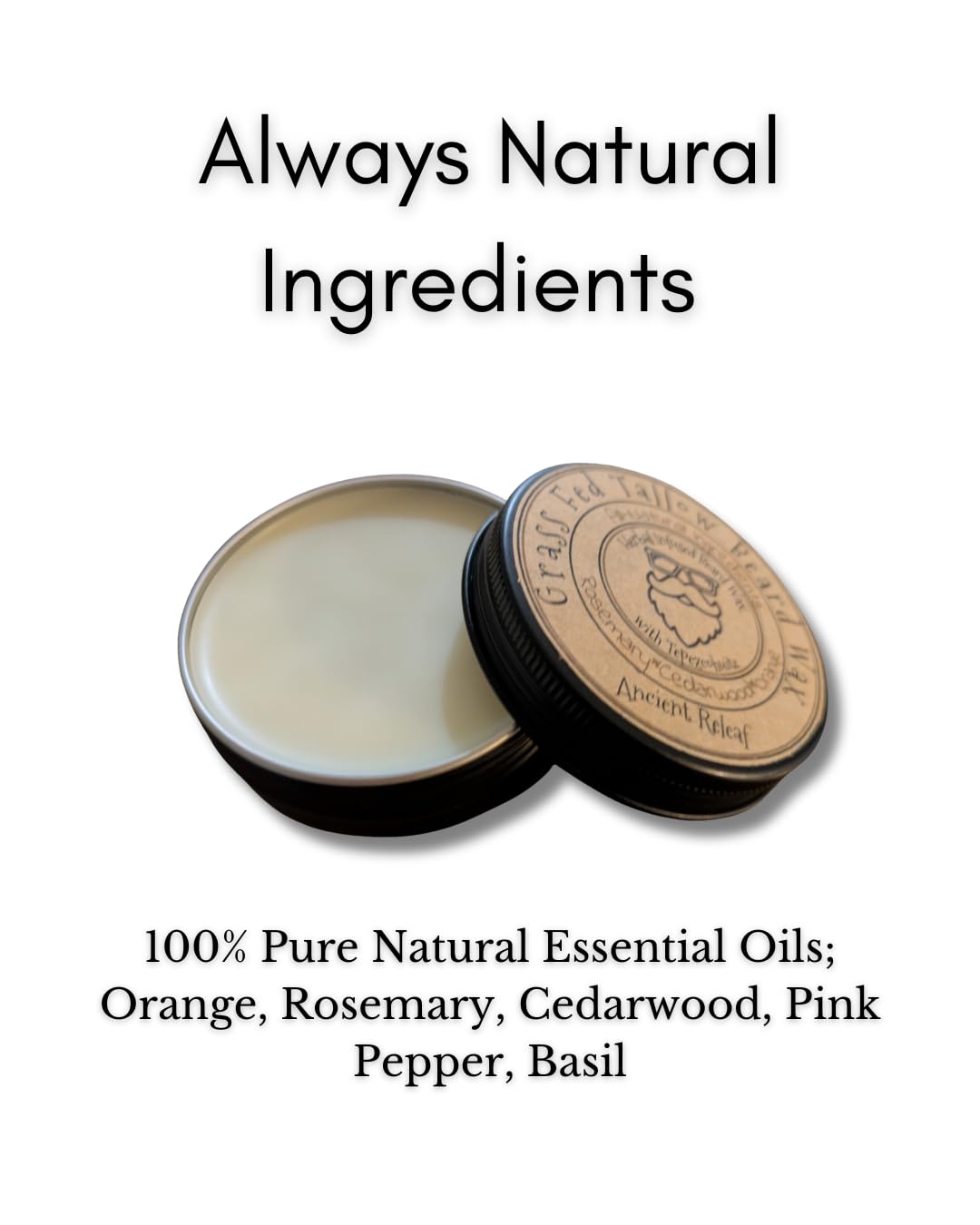 Ancient Releaf Grass-Fed Beef Tallow Beard Wax with Tepezcohuite, All-Natural, Shaping, Sculpting, Mustache and Beard, Natural Hold, Grooming for Men 2oz. Tin