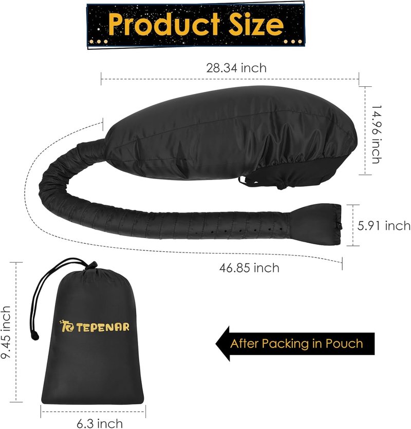 Hair Dryer Bonnet Attachment - Extra Large Adjustable Hooded Cap for Natural Curly Hair Care | Fast Drying, Easy to Use - Black