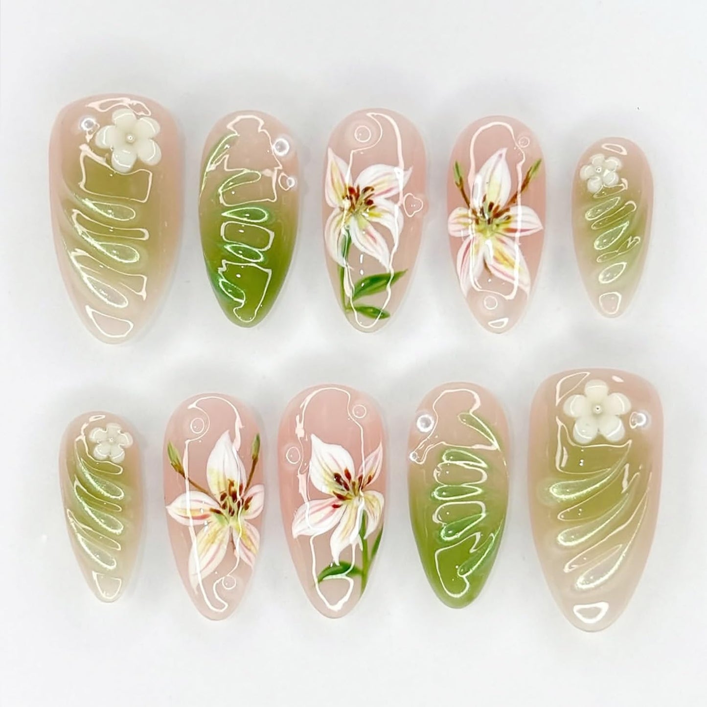 Summer Beach Press-On Nails Set - 24Pcs Medium Almond Floral Design with 3D Starfish & Seashell | Full Cover Ocean Manicure for Women
