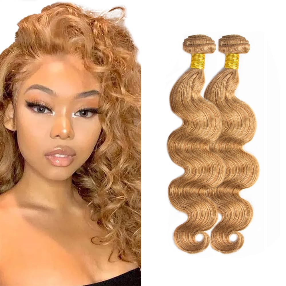 Color 27 Human Hair Bundles Honey Blonde Body Wave 2 Bundles 22 22 Inch Auokmar Hair Brazilian Grade 8A Virgin Remy Hair Extensions 220g