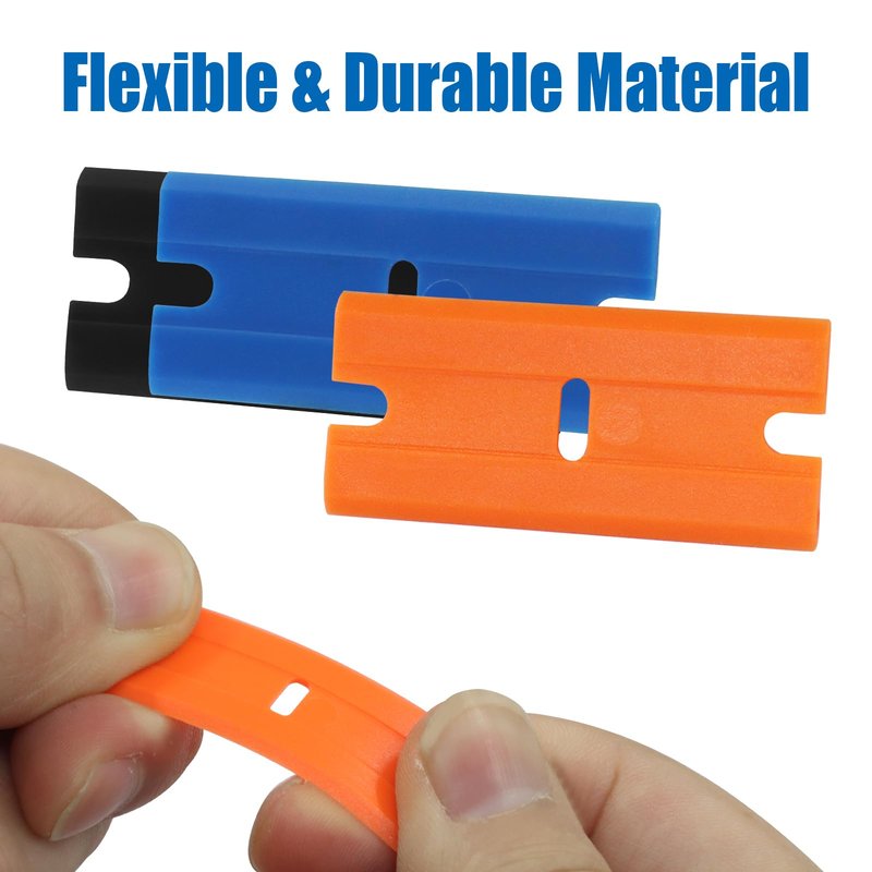 Litoexpe 300 Pcs Double Edged Plastic Blades, Replacement Blades Safety Glass Scraper Plastic Razor for Removing Decals Adhesive Residue Glass Cleaning (Black, Blue, Orange)