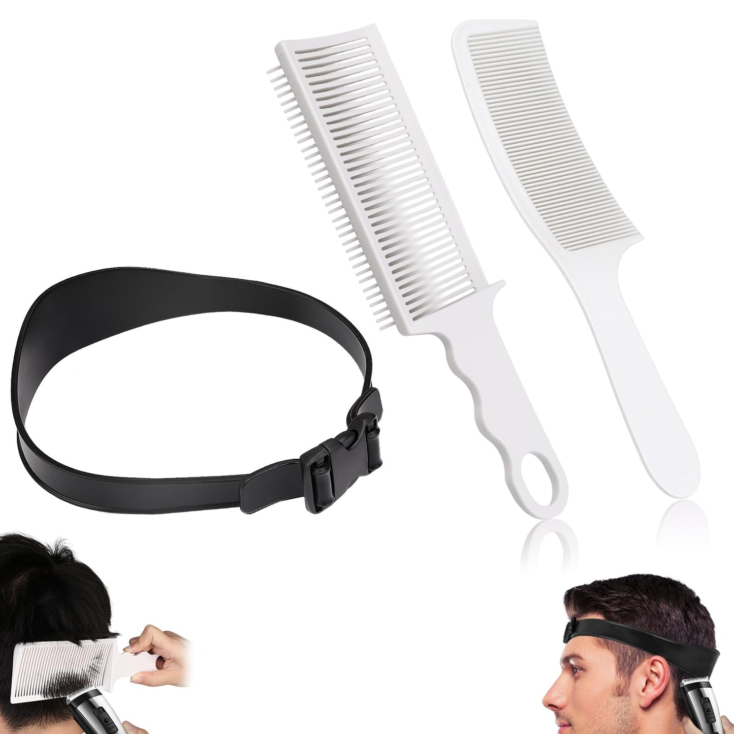 FOWSRHRG Fade Hair Trimming Guide for Men Haircut, Adjustable Silicone Curved Haircut Band, Curved Positioning Comb and Flat Top Comb for Home DIY Haircuts, Self Haircut Kit Guide Salon Styling Tools