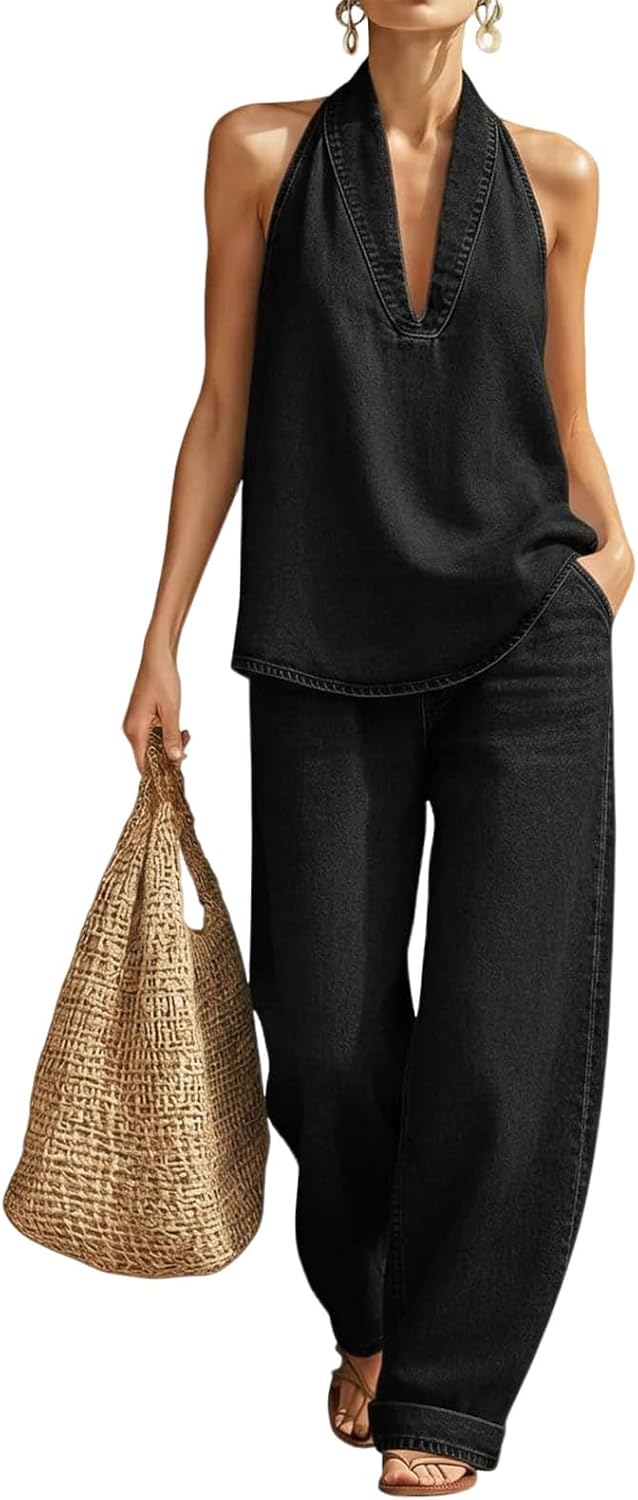 Women's Denim Outfit - Minimalist Halter Neck Top & High-Waisted Wide Leg Pants | Casual Travel Set
