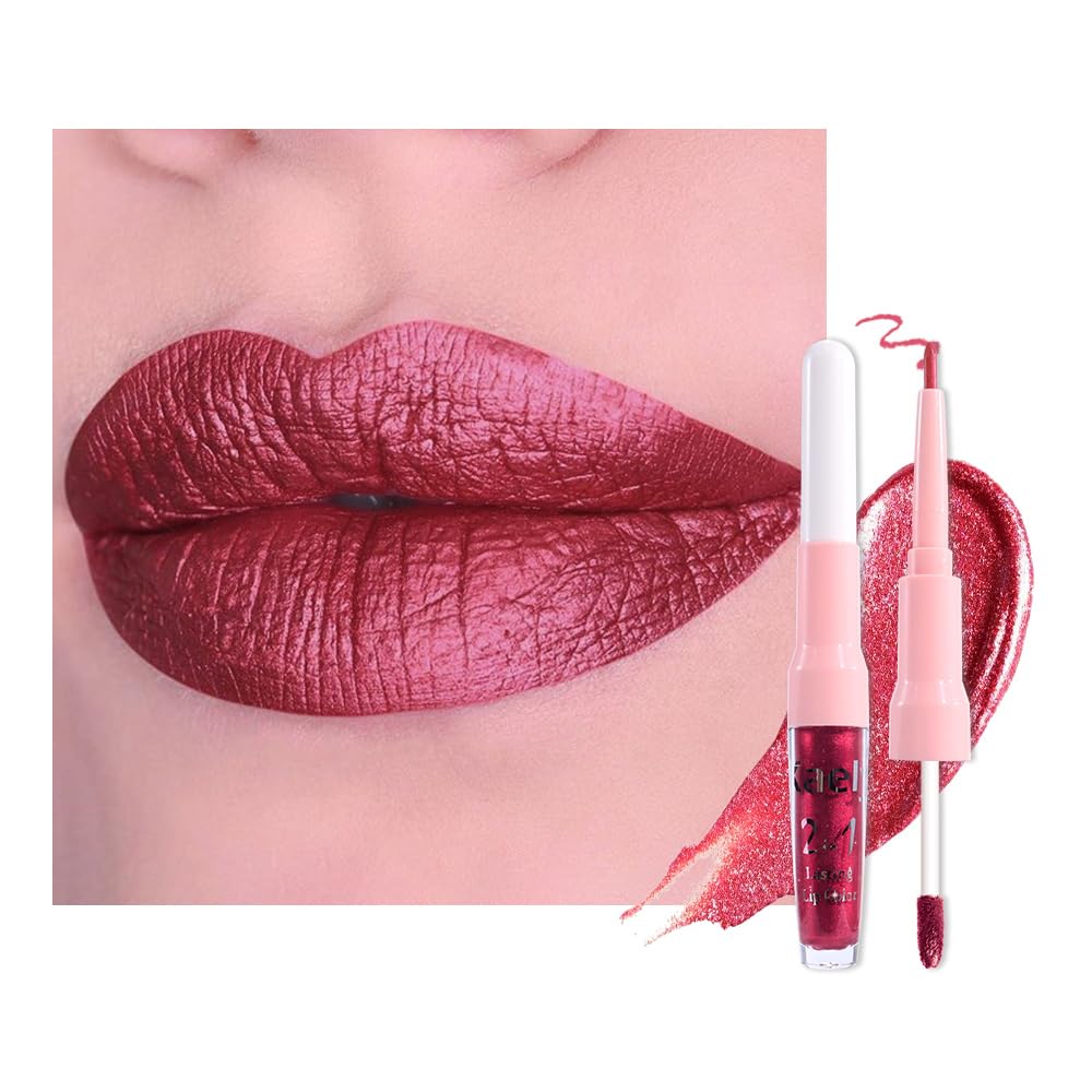 Kaely 2-in-1 Mauve Metallic Lipstick and Lip Liner Makeup, Shimmer Liquid Metallic Lipsticks for Women, Glitter Lip Gloss Stain Long Lasting Waterproof Smudge Proof 24 Hour, Vegan & Cruelty-Free, 16